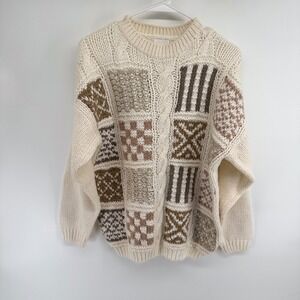Needles & Yarn Vintage Chunky Patchwork Cable Knit Sweater Cream Tan Brown Large